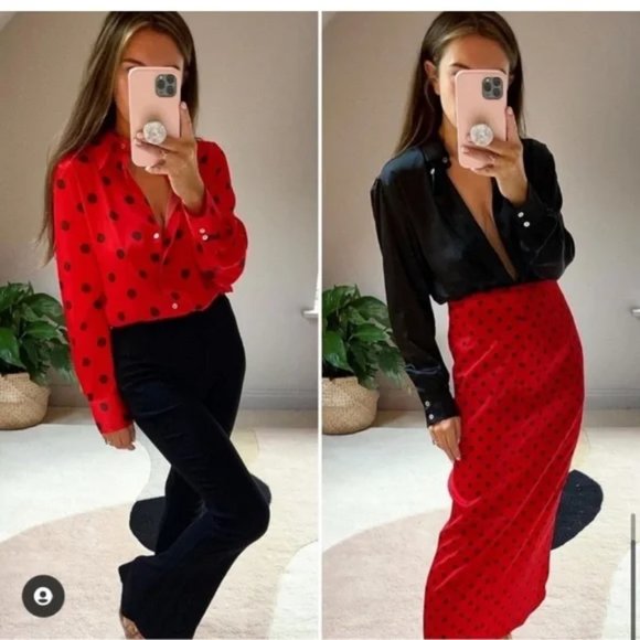 ZARA Polka Dot Skirt Black Red - Picture 3 of 9